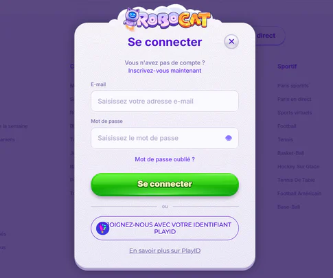 RoboCat Casino fenêtre de connexion avec e-mail, mot de passe et option PlayID